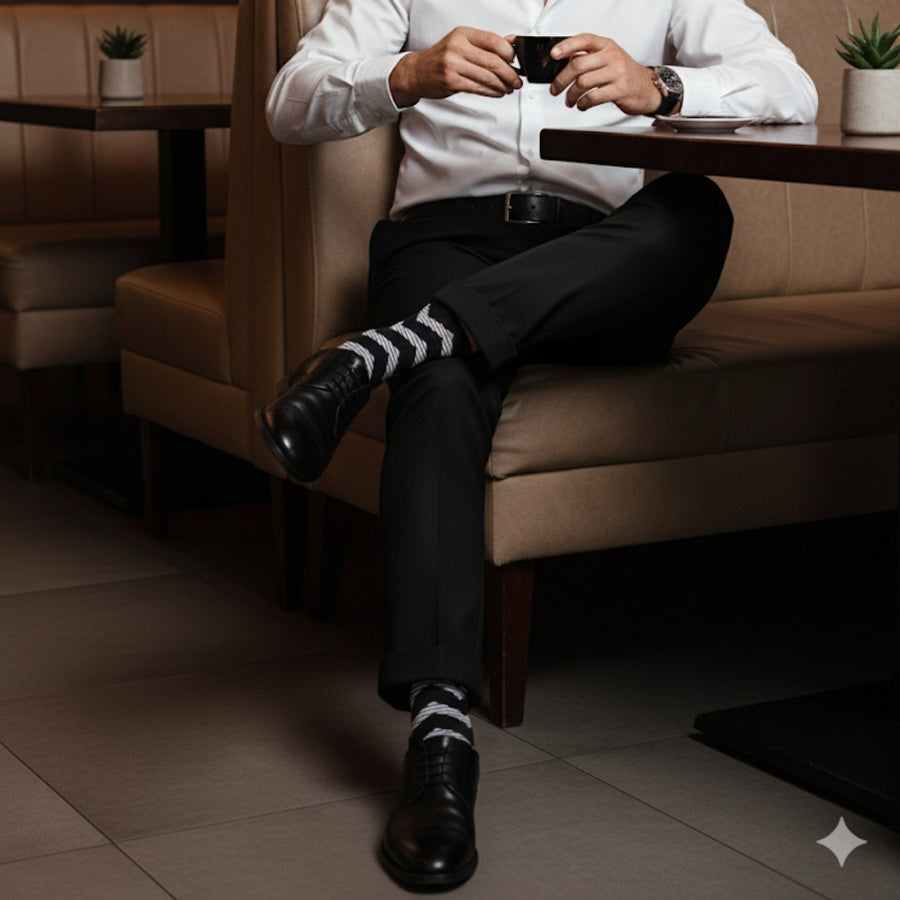 Man wearing Zig Zag Dress Socks - Black with black trousers and a white shirt - Love Sock Company