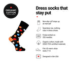 Big Polka Black men's dress socks features: organic cotton badge, non-slip cuff, seamless toe, fits men's 7-12