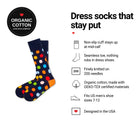 Big Polka Navy men's dress socks features: organic cotton badge, non-slip cuff, seamless toe, fits men's 7-12