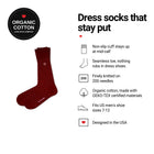 Biz Dots Burgundy men's dress socks features: organic cotton badge, non-slip cuff, seamless toe, fits men's 7-12