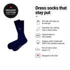 Biz Dots Navy men's dress socks features: organic cotton badge, non-slip cuff, seamless toe, fits men's 7-12