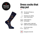 Butterfly Navy men's dress socks features: organic cotton badge, non-slip cuff, seamless toe, fits men's 7-12