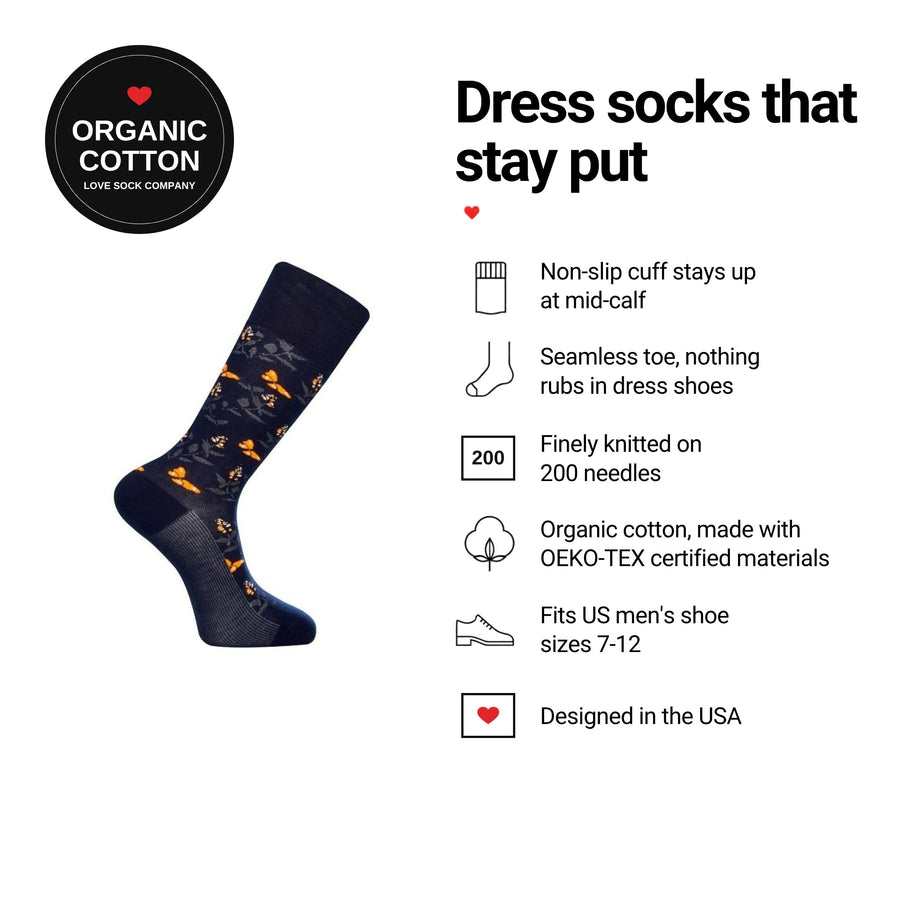 Butterfly Navy men's dress socks features: organic cotton badge, non-slip cuff, seamless toe, fits men's 7-12