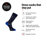 Cocktails Navy men's dress socks features: organic cotton badge, non-slip cuff, seamless toe, fits men's 7-12