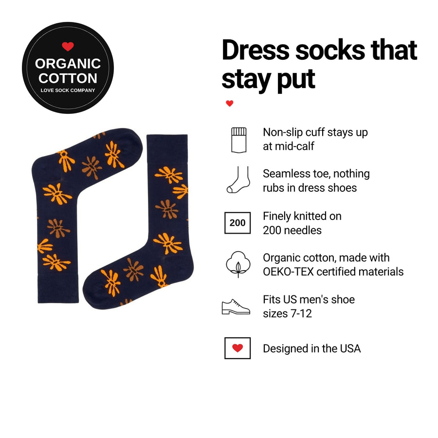 Flowers Navy men's dress socks features: organic cotton badge, non-slip cuff, seamless toe, fits men's 7-12