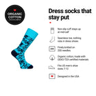 Lily Blue men's dress socks features: organic cotton badge, non-slip cuff, seamless toe, fits men's 7-12