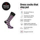 Love Stripes Grey men's dress socks features: organic cotton badge, non-slip cuff, seamless toe, fits men's 7-12