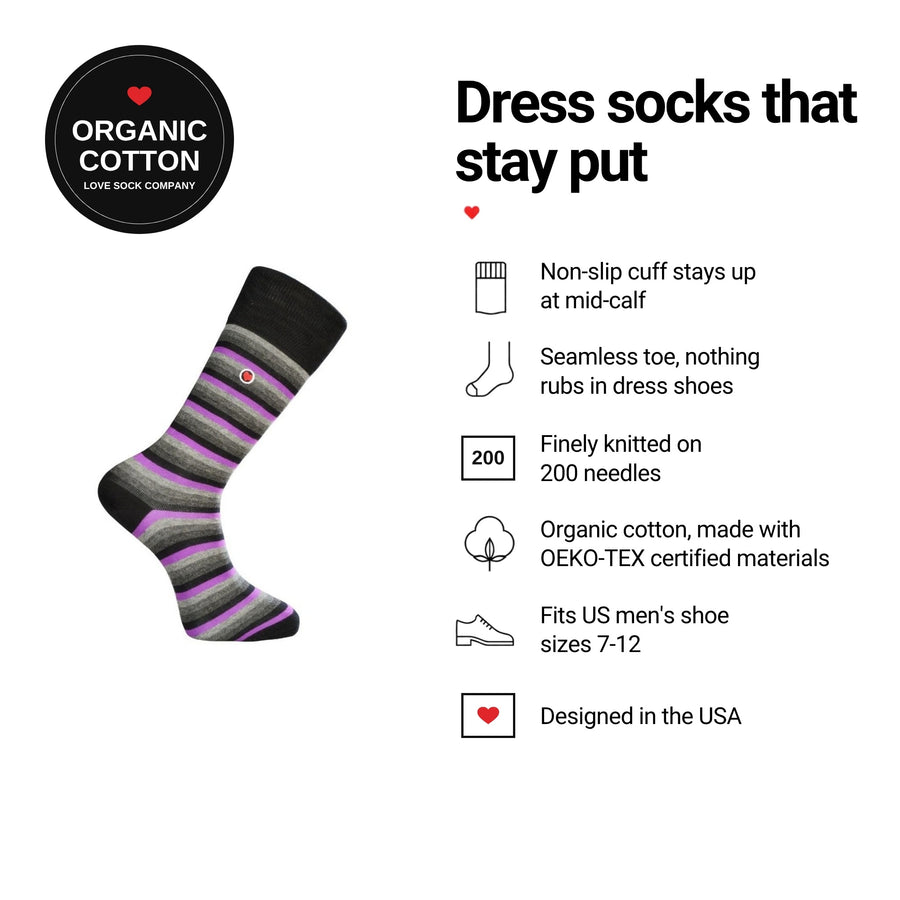 Love Stripes Grey men's dress socks features: organic cotton badge, non-slip cuff, seamless toe, fits men's 7-12