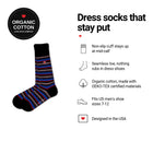 Love Stripes men's dress socks features: organic cotton badge, non-slip cuff, seamless toe, fits men's 7-12