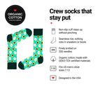 Avocado Green men's crew socks features: organic cotton, non-slip cuff, seamless toe, fits men's 7-12