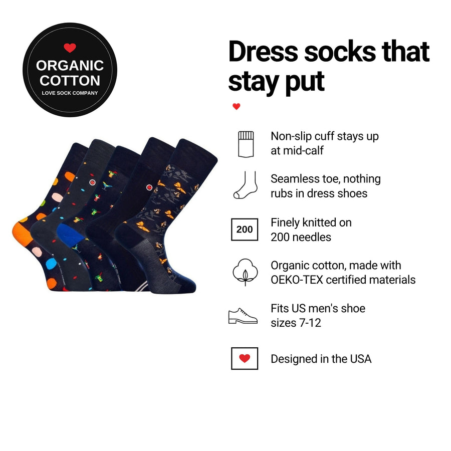 Love Sock Company Barcelona 5-pack men's mid-calf dress socks features: organic cotton, non-slip cuff, seamless toe, fits men's 7-12