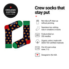 Burger Navy men's crew socks features: organic cotton, non-slip cuff, seamless toe, fits men's 7-12