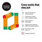 Burger Orange men's crew socks features: organic cotton, non-slip cuff, seamless toe, fits men's 7-12