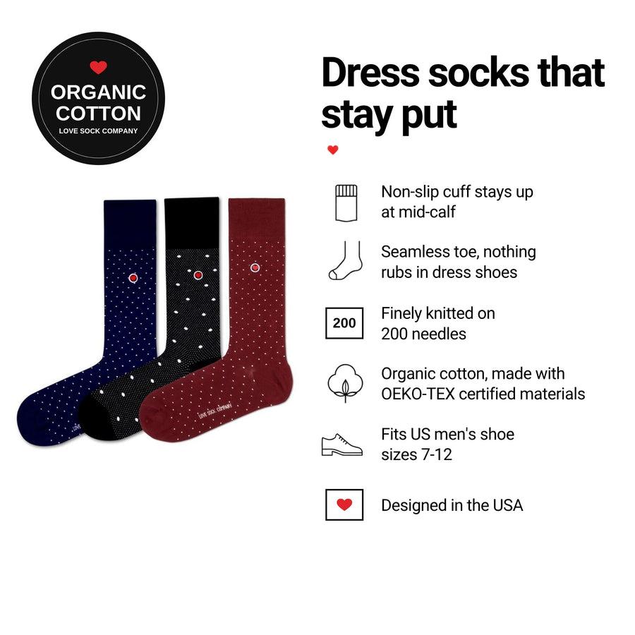 Love Sock Company Business 3-pack men's mid-calf dress socks features: organic cotton, non-slip cuff, seamless toe, fits men's 7-12