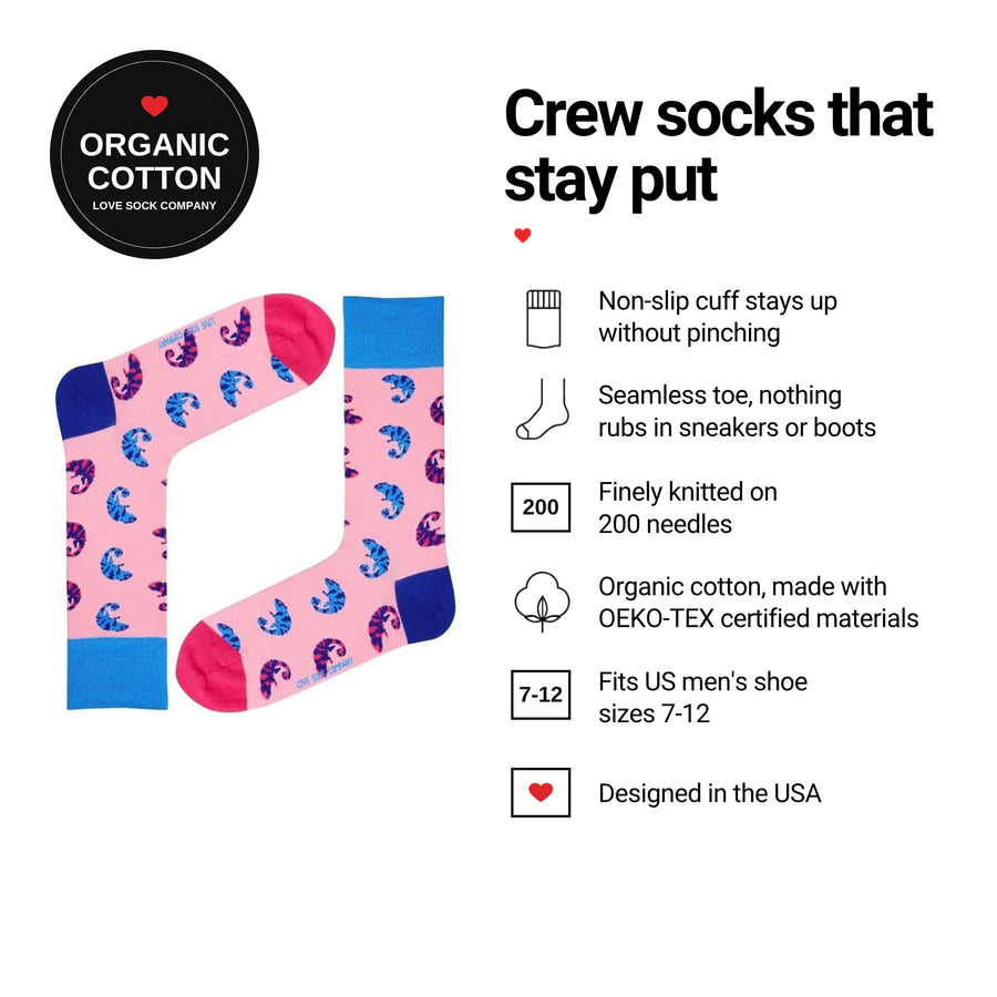 Chameleon Pink men's crew socks features: organic cotton, non-slip cuff, seamless toe, fits men's 7-12