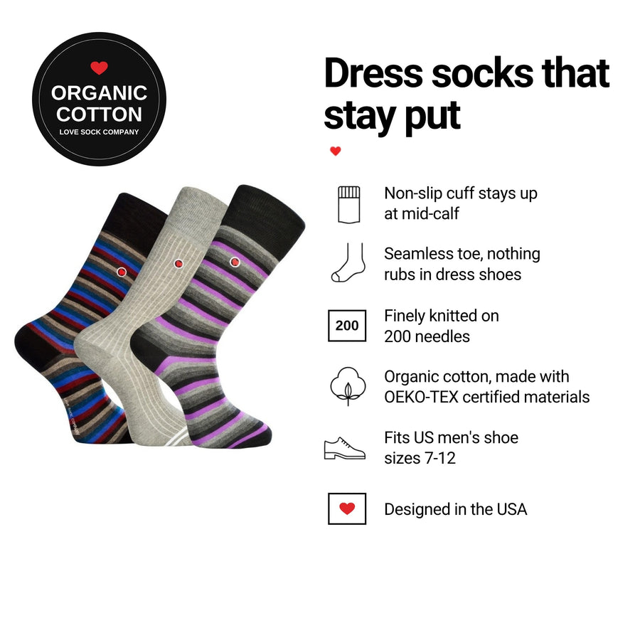 Love Sock Company Chicago 3-pack men's mid-calf dress socks features: organic cotton, non-slip cuff, seamless toe, fits men's 7-12