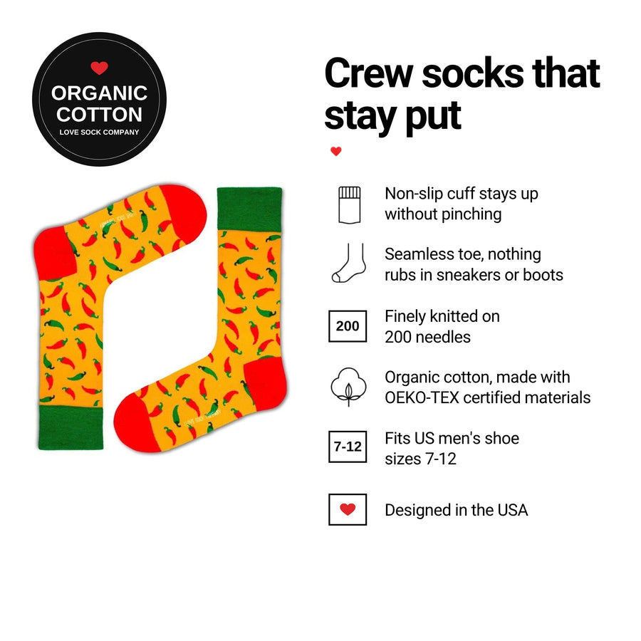 Chili Peppers Yellow men's crew socks features: organic cotton, non-slip cuff, seamless toe, fits men's 7-12