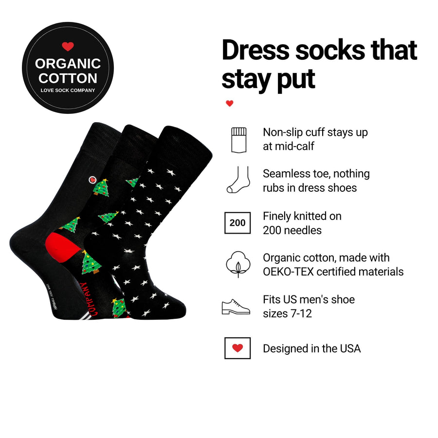Love Sock Company Christmas Gift Pack Black men's mid-calf dress socks features: organic cotton, non-slip cuff, seamless toe, 200 needles, fits men's 7-12