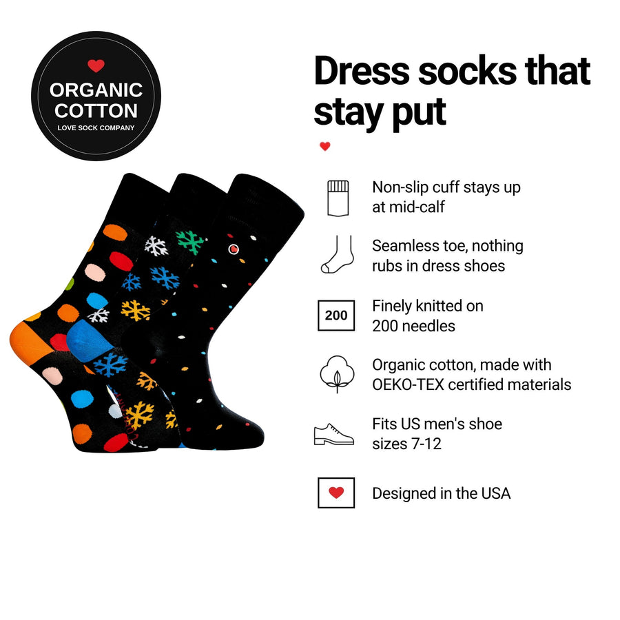 Love Sock Company Christmas Gift Pack Festive men's mid-calf dress socks features: organic cotton, non-slip cuff, seamless toe, 200 needles, fits men's 7-12