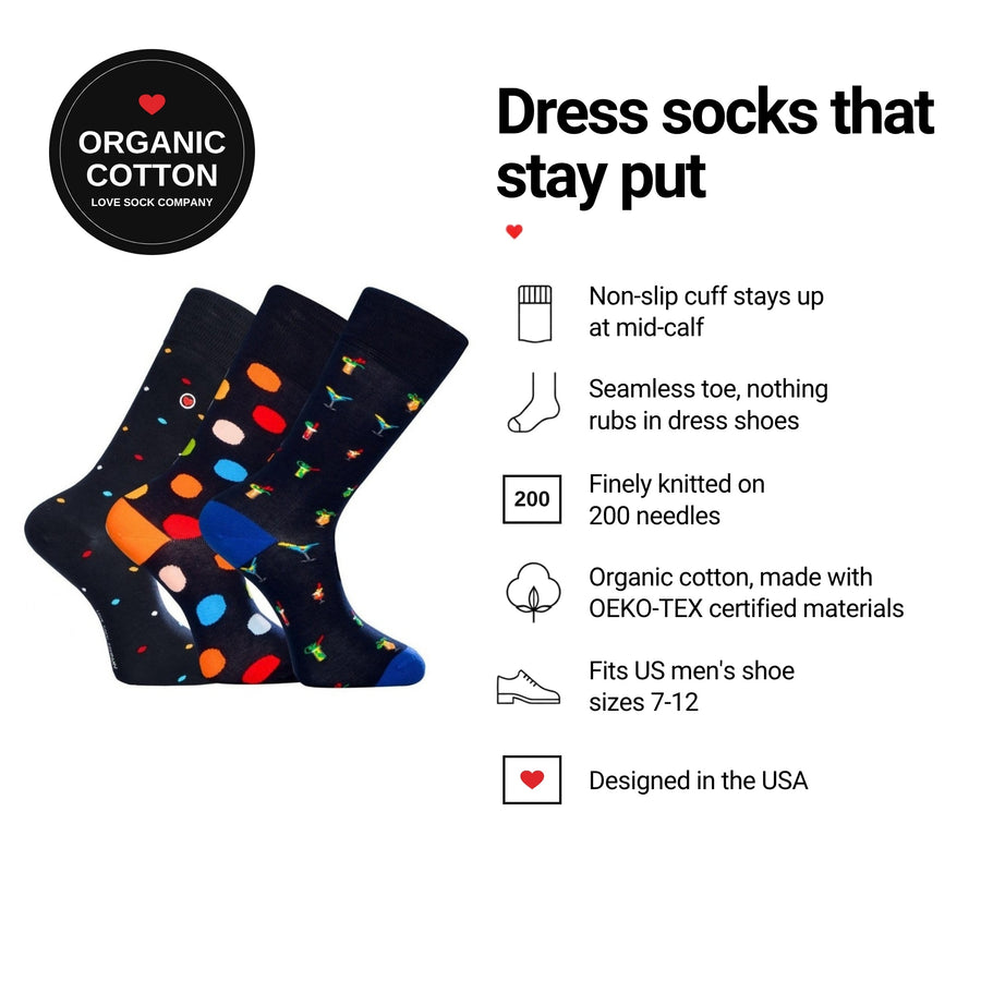 Love Sock Company Happy Hour 3-pack men's mid-calf dress socks features: organic cotton, non-slip cuff, seamless toe, fits men's 7-12