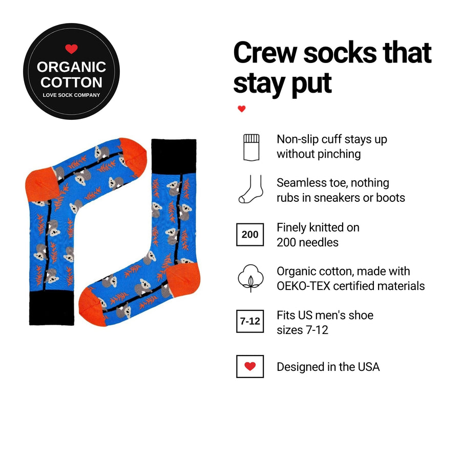 Koala Blue men's crew socks features: organic cotton, non-slip cuff, seamless toe, fits men's 7-12