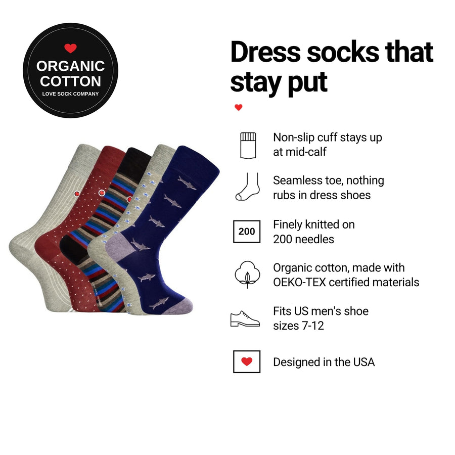 Love Sock Company Melbourne 5-pack men's mid-calf dress socks features: organic cotton, non-slip cuff, seamless toe, fits men's 7-12