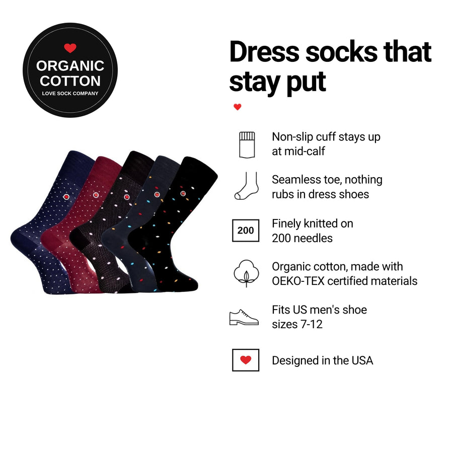 Love Sock Company Office 5-pack men's mid-calf dress socks features: organic cotton, non-slip cuff, seamless toe, fits men's 7-12