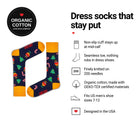 Ornaments Navy men's dress socks features: organic cotton, non-slip cuff, seamless toe, fits men's 7-12