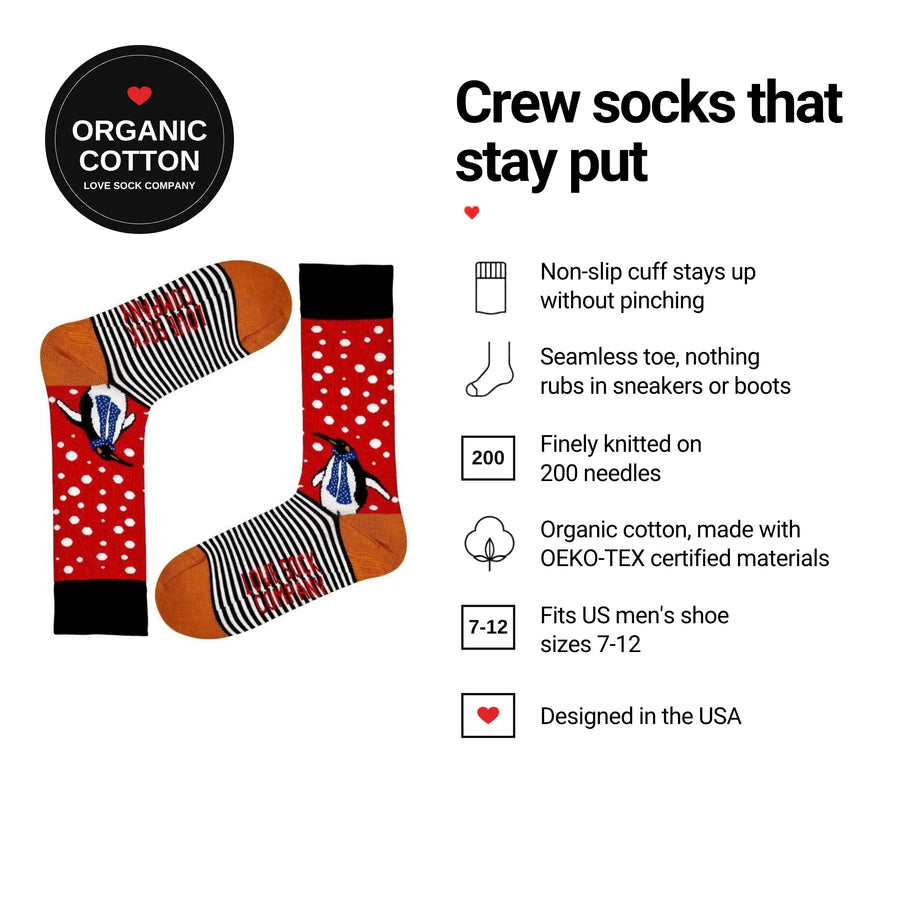 Penguin Red men's crew socks features: organic cotton, non-slip cuff, seamless toe, fits men's 7-12