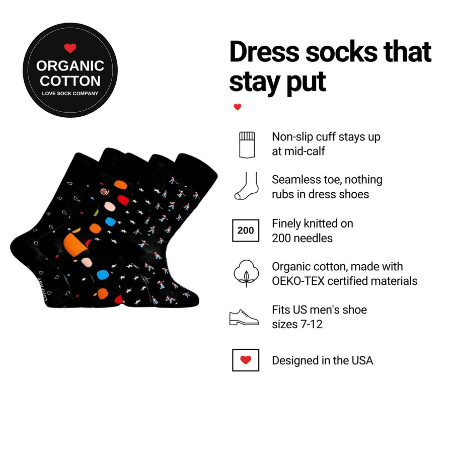 Love Sock Company Pinehurst 5-pack men's mid-calf dress socks features: organic cotton, non-slip cuff, seamless toe, fits men's 7-12