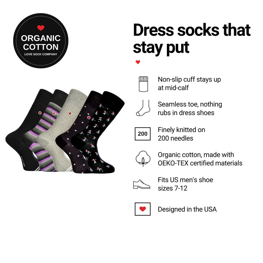 Love Sock Company Scottsdale 5-pack men's mid-calf dress socks features: organic cotton, non-slip cuff, seamless toe, fits men's 7-12