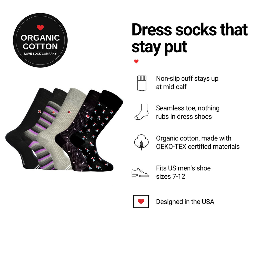 Love Sock Company Scottsdale 5-pack men's mid-calf dress socks features: organic cotton, non-slip cuff, seamless toe, fits men's 7-12