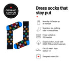 Snowflakes Black men's dress socks features: organic cotton, non-slip cuff, seamless toe, fits men's 7-12
