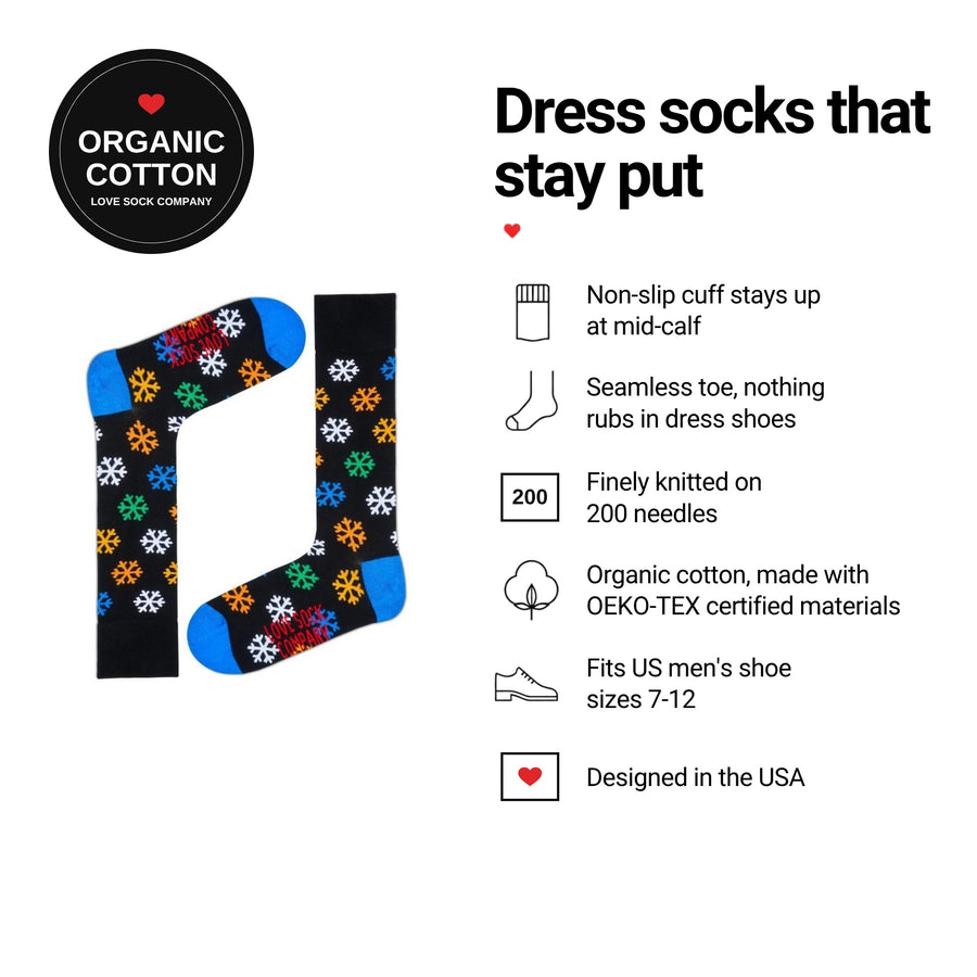 Snowflakes Black men's dress socks features: organic cotton, non-slip cuff, seamless toe, fits men's 7-12