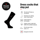 Medium Polka Black men's dress socks features: organic cotton badge, non-slip cuff, seamless toe, fits men's 7-12