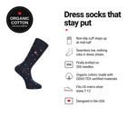 Medium Polka Navy men's dress socks features: organic cotton badge, non-slip cuff, seamless toe, fits men's 7-12