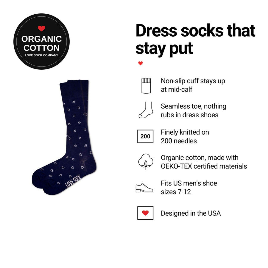 Mini Hearts Navy men's dress socks features: organic cotton badge, non-slip cuff, seamless toe, fits men's 7-12