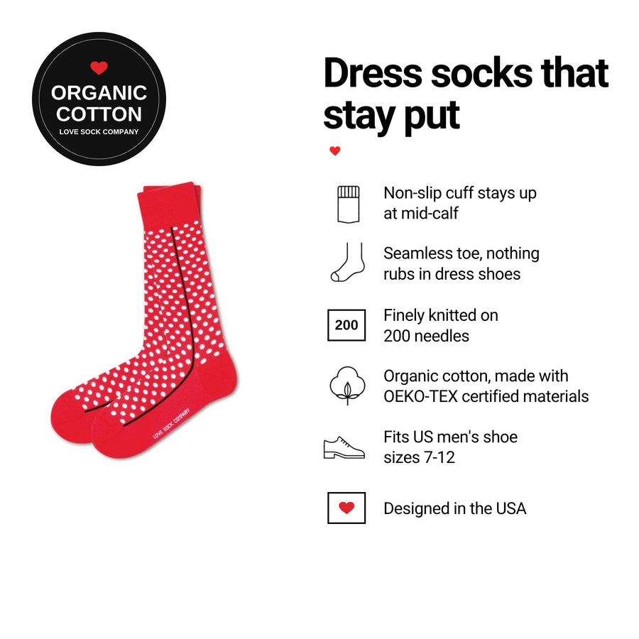 Red Line Red men's dress socks features: organic cotton badge, non-slip cuff, seamless toe, fits men's 7-12
