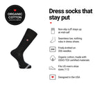 Ribbed Black men's dress socks features: organic cotton badge, non-slip cuff, seamless toe, fits men's 7-12