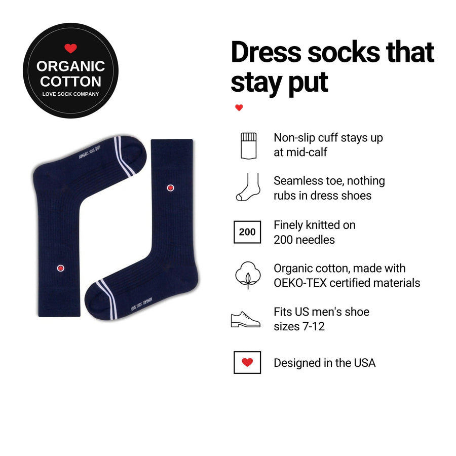 Ribbed Navy men's dress socks features: organic cotton badge, non-slip cuff, seamless toe, fits men's 7-12