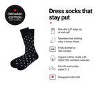 Stars Black men's dress socks features: organic cotton badge, non-slip cuff, seamless toe, fits men's 7-12