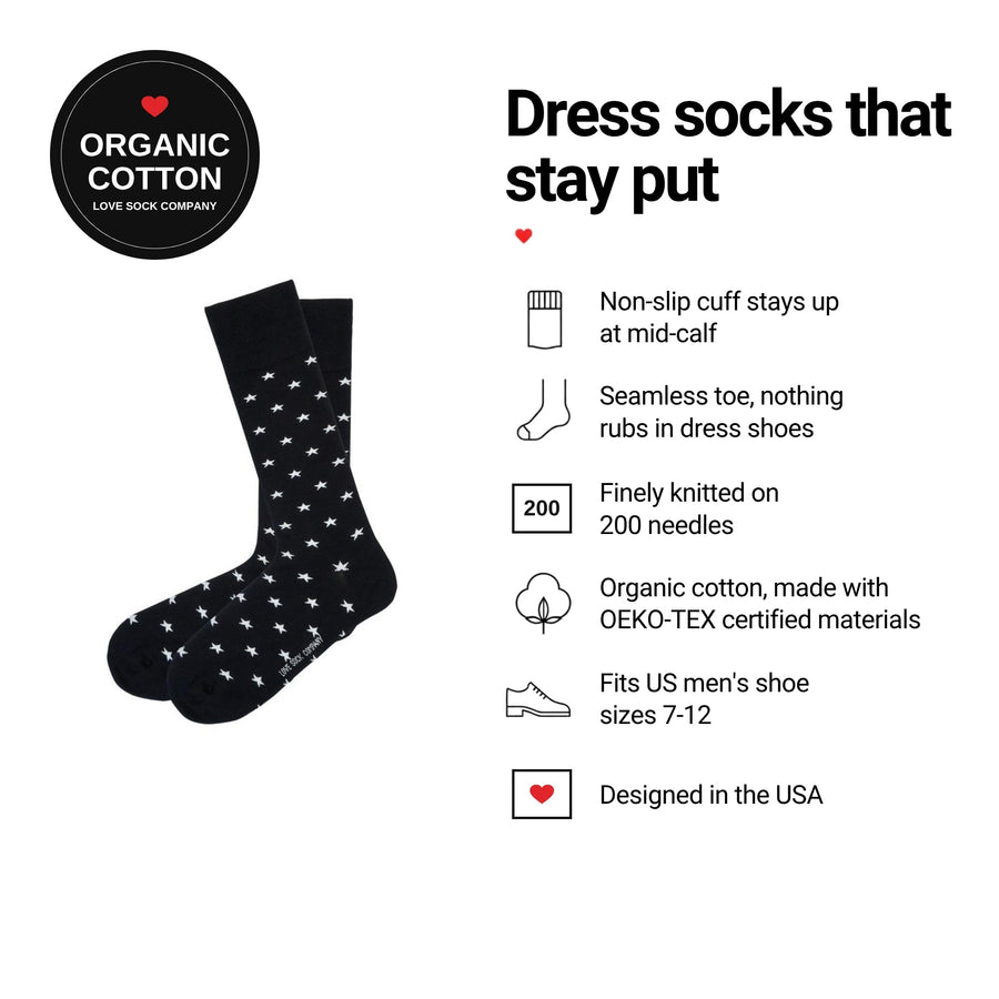 Stars Black men's dress socks features: organic cotton badge, non-slip cuff, seamless toe, fits men's 7-12