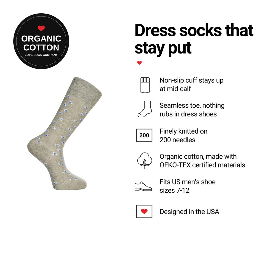 Stars Grey men's dress socks features: organic cotton badge, non-slip cuff, seamless toe, fits men's 7-12