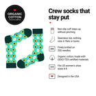 Avocado Green women's crew socks features: organic cotton, non-slip cuff, seamless toe, fits women's 6-9