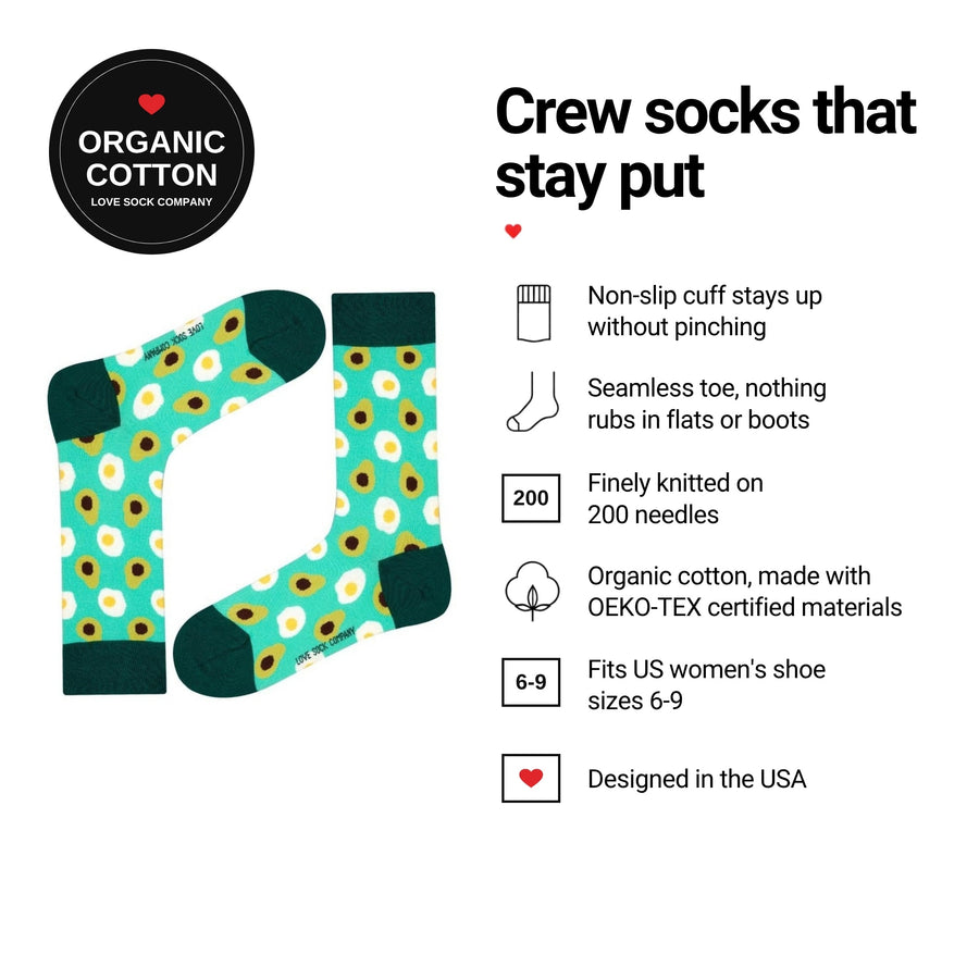 Avocado Green women's crew socks features: organic cotton, non-slip cuff, seamless toe, fits women's 6-9