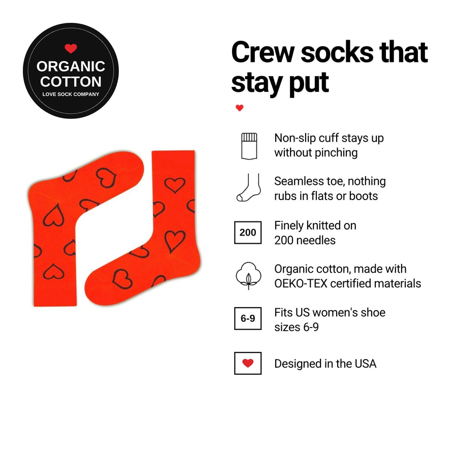 Big Hearts Orange women's crew socks features: organic cotton, non-slip cuff, seamless toe, fits women's 6-9
