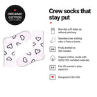 Big Hearts White women's crew socks features: organic cotton, non-slip cuff, seamless toe, fits women's 6-9