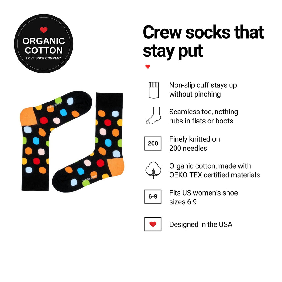 Big Polka Black women's crew socks features: organic cotton, non-slip cuff, seamless toe, fits women's 6-9