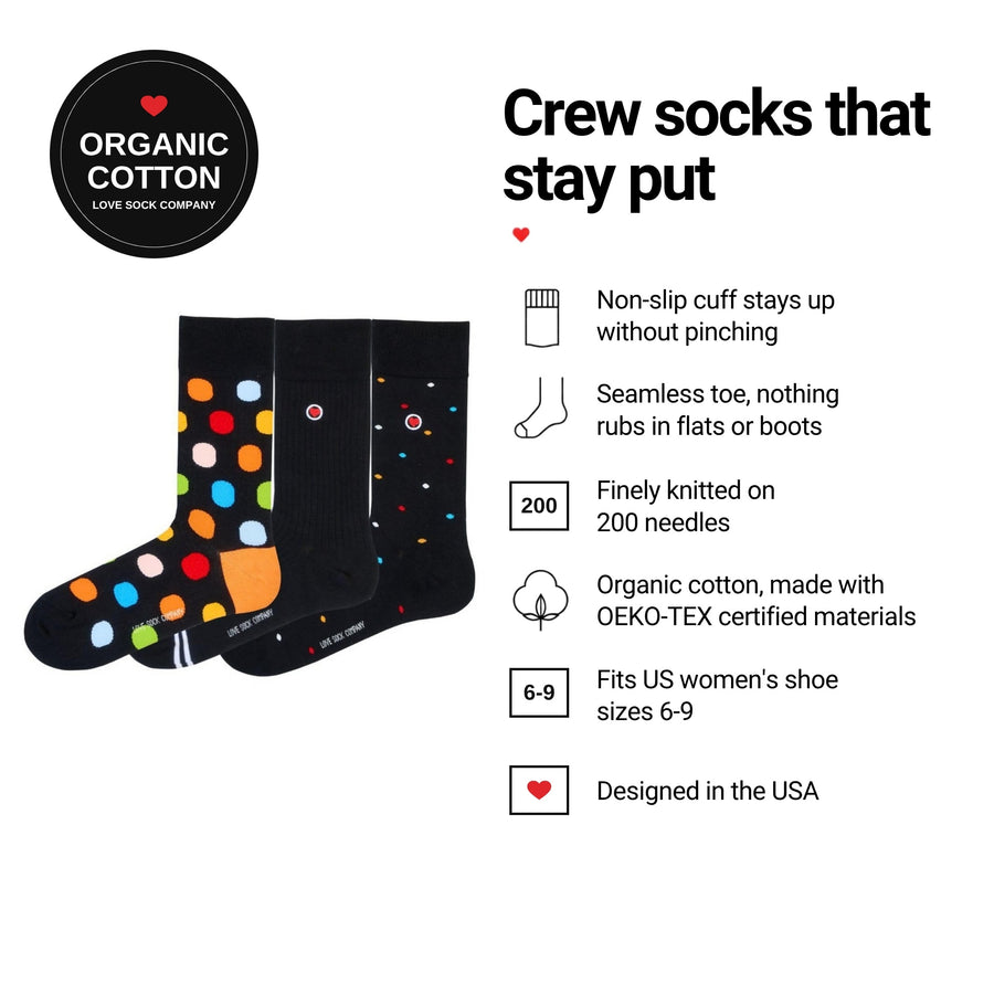Love Sock Company Black 3-pack women's crew socks features: organic cotton, non-slip cuff, seamless toe, fits women's 6-9