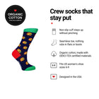 Burger Navy women's crew socks features: organic cotton, non-slip cuff, seamless toe, fits women's 6-9